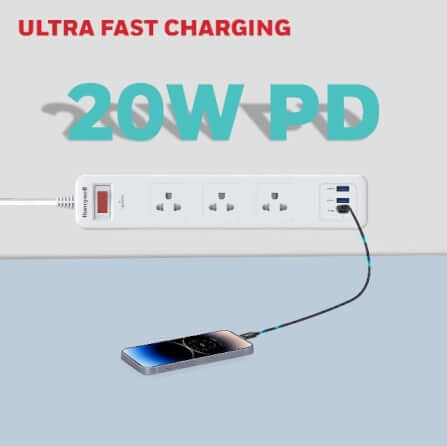 รางปลั๊กไฟ 3 ช่อง Honeywell รุ่น HCC000038 ป้องกันไฟกระชาก 1.8 เมตร (USB-A 2 ช่อง , USB-C 1 ช่อง)_3
